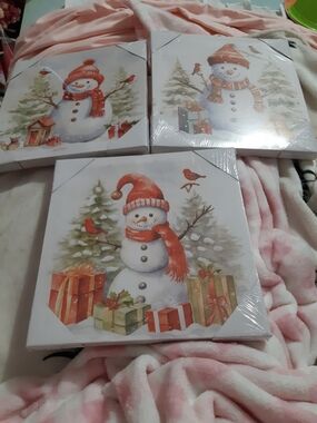 2/$20 Three Festive Snowman Wall Art Canvas - Red Scarf Holiday Print
